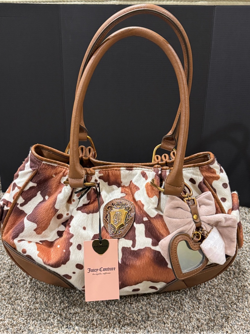 Juicy Couture Romance Saddle Brown Cow Print Satchel Bag with Bow Charms: NEW